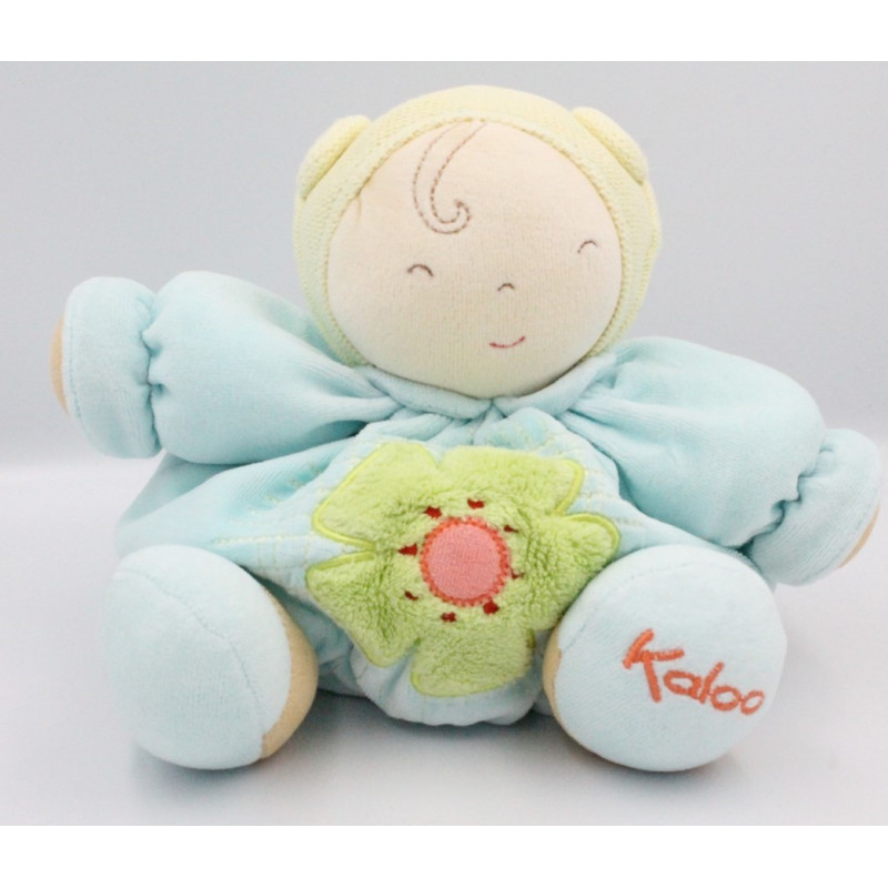 Doudou poupon patapouf bleu jaune fleur verte Chubby baby doll blue KALOO
