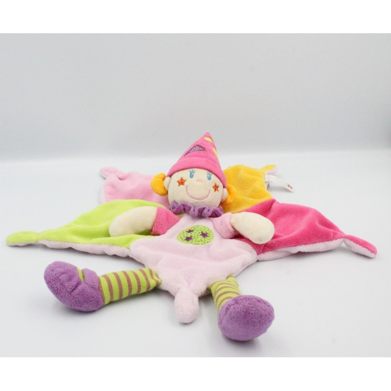 Doudou plat étoile lutin clown rose vert jaune NICOTOY