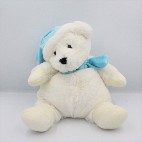 Doudou peluche ours blanc bleu bonnet écharpe CMP