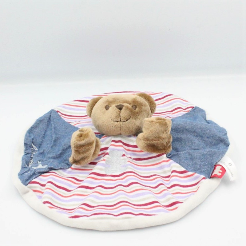 Doudou plat rond ours marron bleu rayé  LULU CASTAGNETTE
