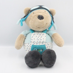Doudou ours aviateur beige bleu noir pois Oscar SAUTHON