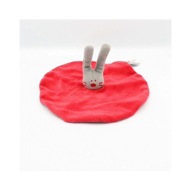 Doudou plat rond lapin gris rouge rayé ORCHESTRA