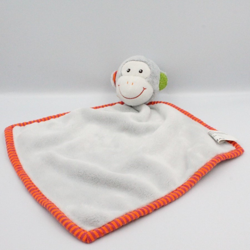 Doudou plat singe gris orange rose rayé