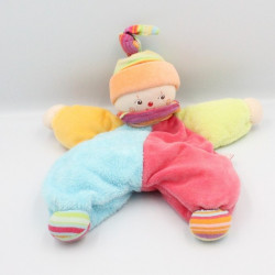 Doudou semi plat lutin clown bleu rose vert jaune COROLLE