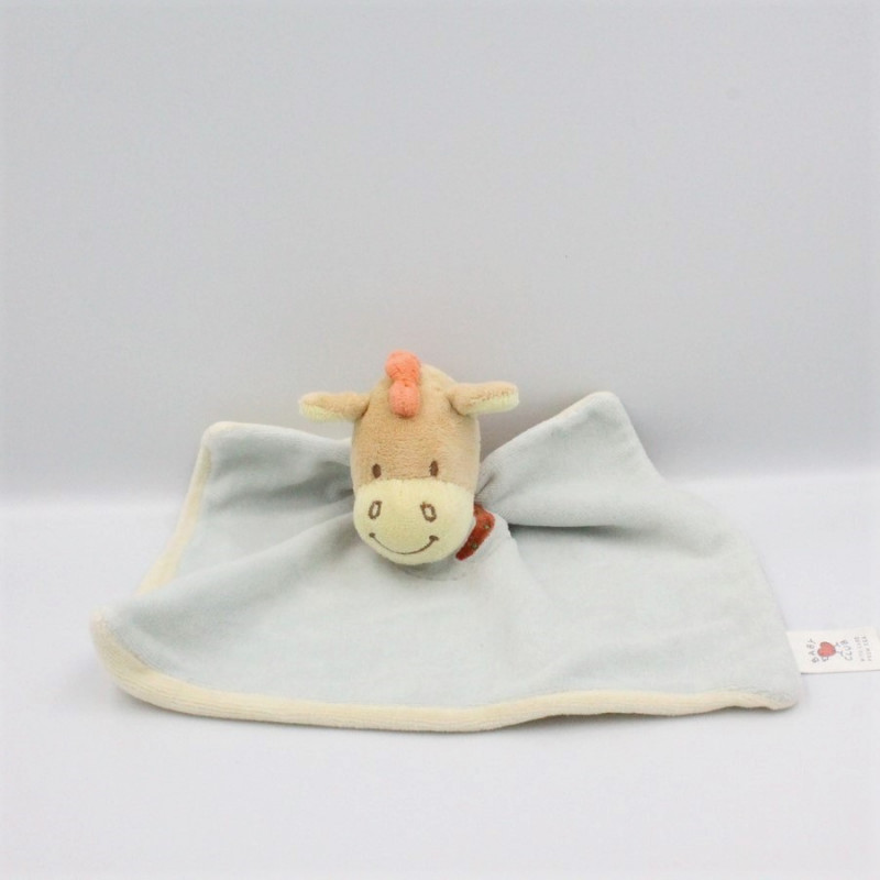 Doudou plat poney cheval bleu écru orange BABY CLUB