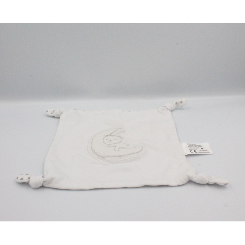 Doudou plat carré blanc ours lune étoiles CARREFOUR CMI