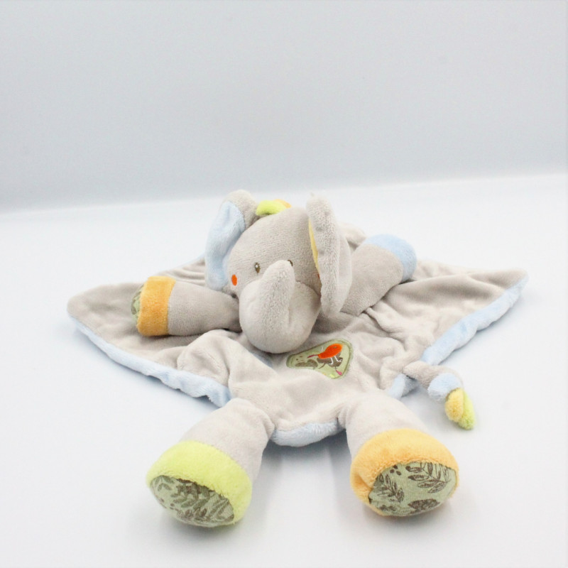 Doudou plat éléphant gris bleu orange vert NICOTOY