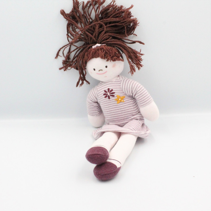Doudou poupée fillette prune robe rayé fleur PETIT BATEAU