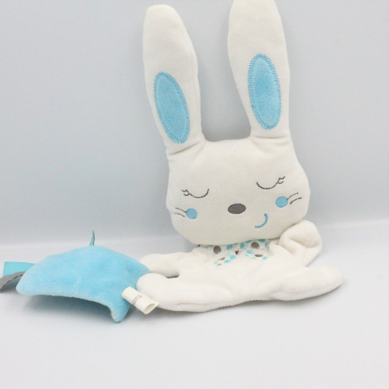 Doudou lapin blanc bleu pois mouchoir Double Face NICOTOY