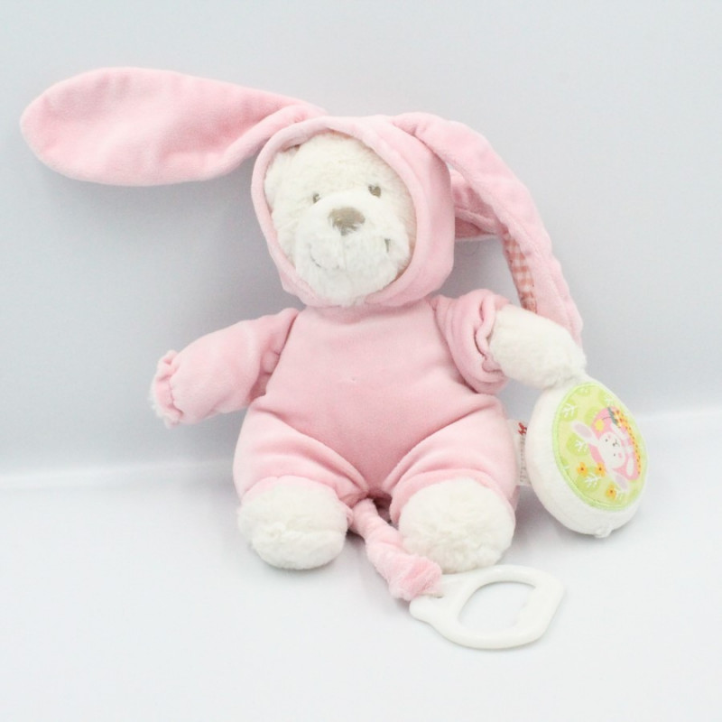 Doudou musical ours lapin blanc rose vichy oiseau NICOTOY