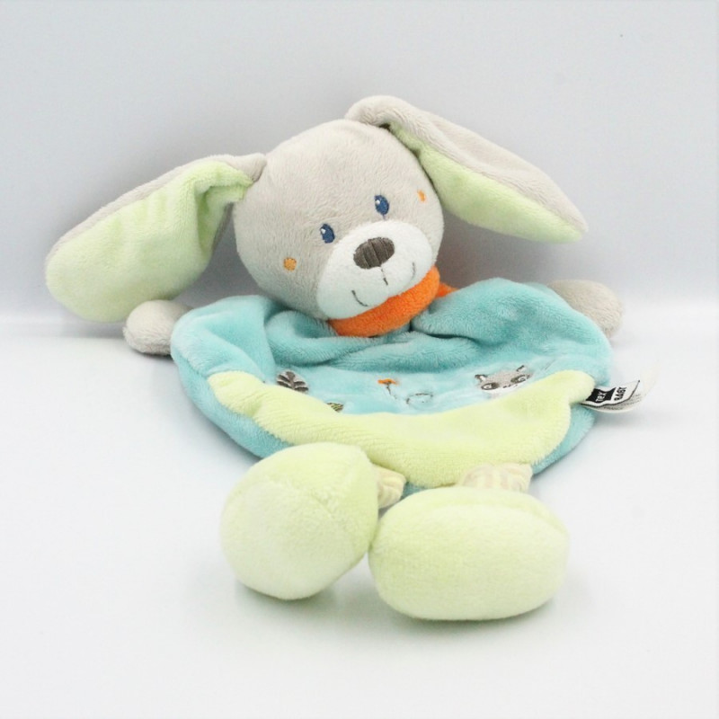 Doudou plat lapin bleu vert raton laveur brodé TEX BABY