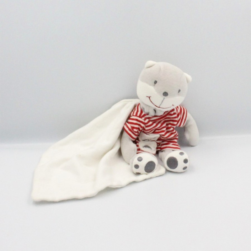 Doudou ours gris blanc rouge rayé mouchoir BERLINGOT