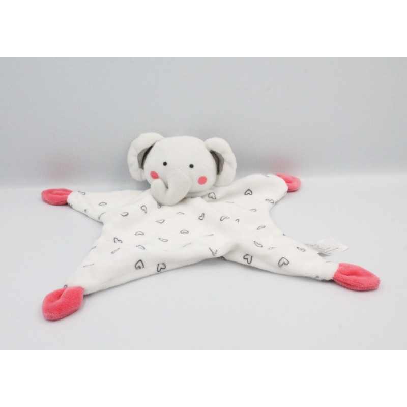 Doudou plat éléphant blanc rose gris coeurs ZEEMAN