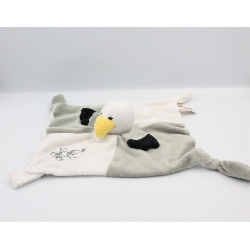 Doudou plat oiseau mouette grise blanche noir RODA