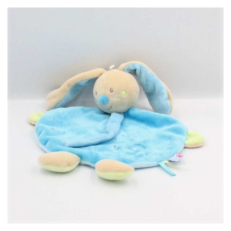 Doudou plat lapin beige bleu vert tortue SUCRE D'ORGE