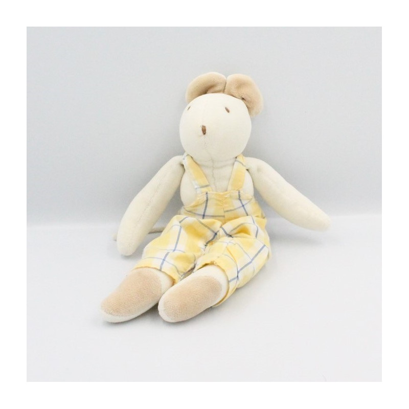 Doudou souris blanche salopette carreaux jaune JACADI