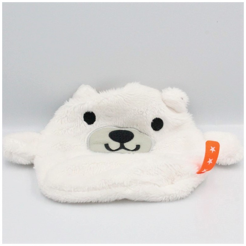 Doudou plat ours polaire blanc étiquette orange avec étoiles