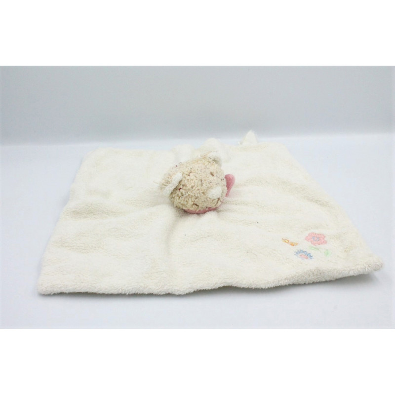 Doudou plat chat ours beige blanc rose fleurs BENGY