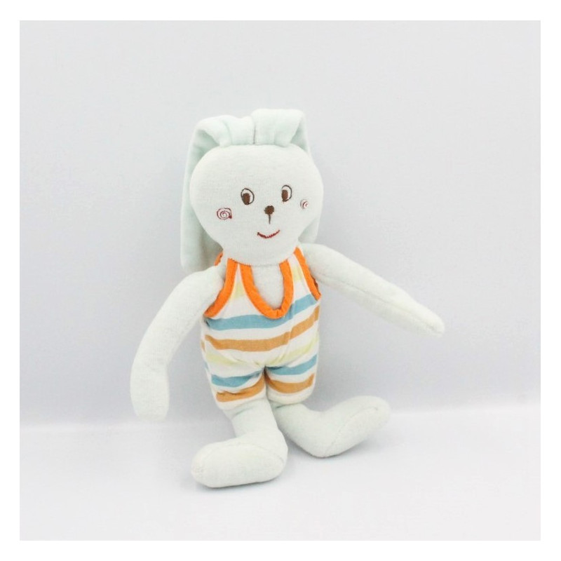 Doudou lapin bleu rayé orange jaune blanc SUCRE D'ORGE
