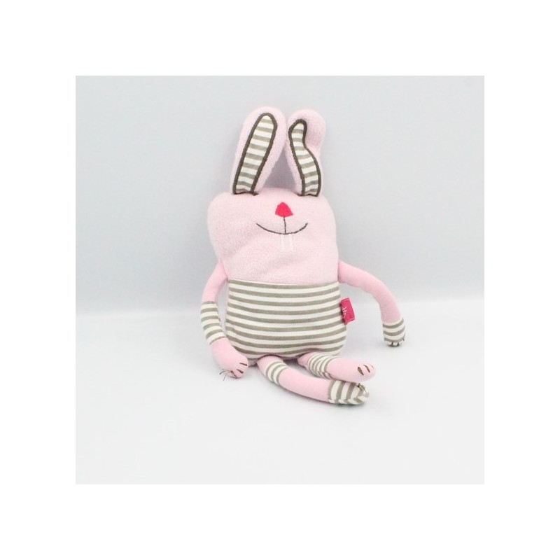 Doudou lapin rose blanc beige rayé LASSIG