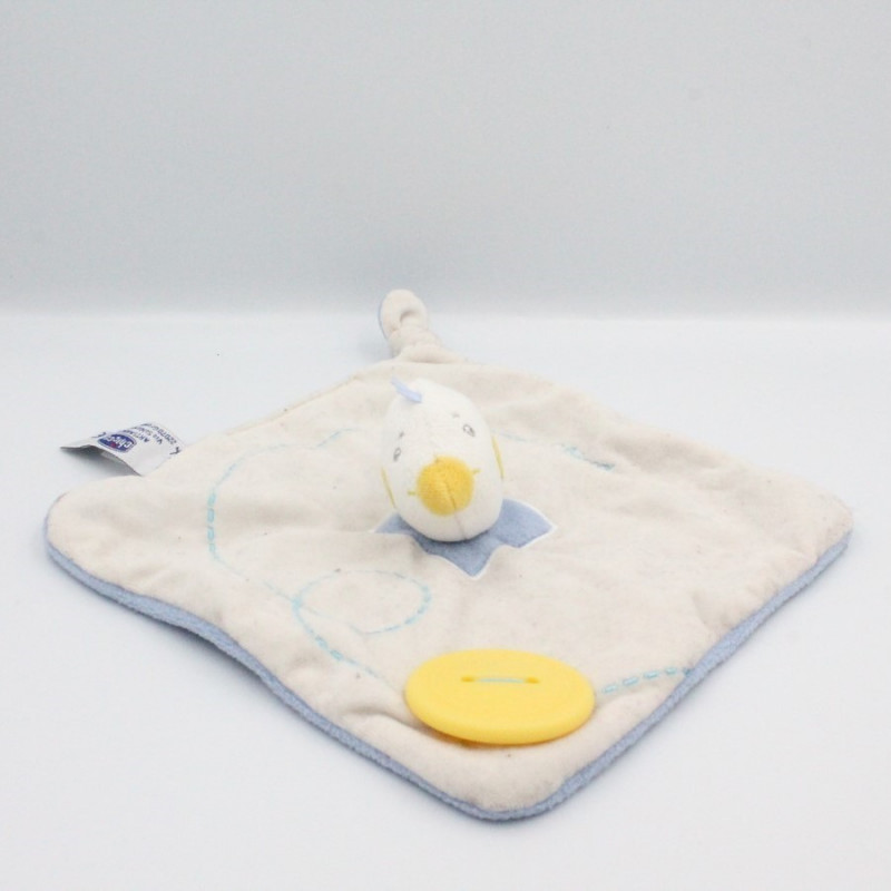 Doudou plat oiseau canard gris bleu bouton CHICCO