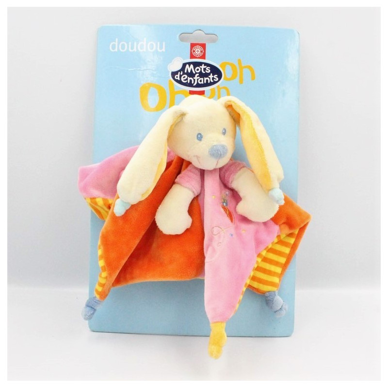 Doudou Plat lapin rose orange oiseau MOTS D'ENFANTS