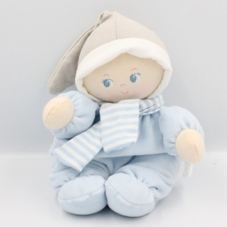 Doudou poupée poupon bébé bleu gris echarpe rayé COROLLE