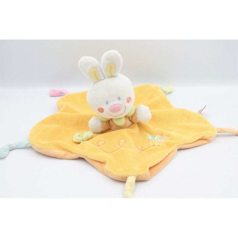 Doudou plat lapin blanc orange jaune abeille NICOTOY