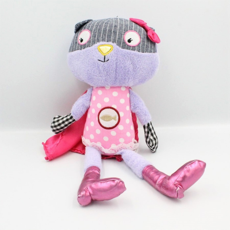 Doudou chat mauve violet rose pois cape SOSTRENE GRENES