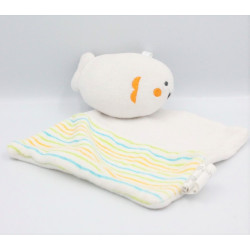 Doudou plat poisson blanc orange bleu vert rayé SIPLEC