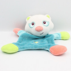Doudou marionnette chat bleu vert rose SUCRE D'ORGE