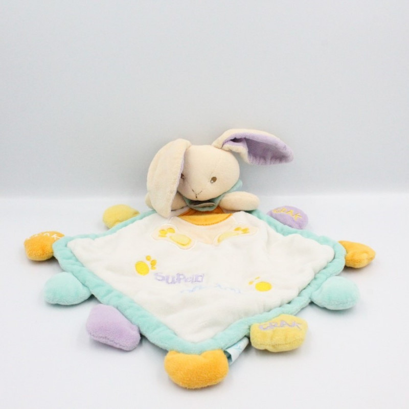 Doudou plat lapin bleu mauve blanc Super Doudou BABY NAT