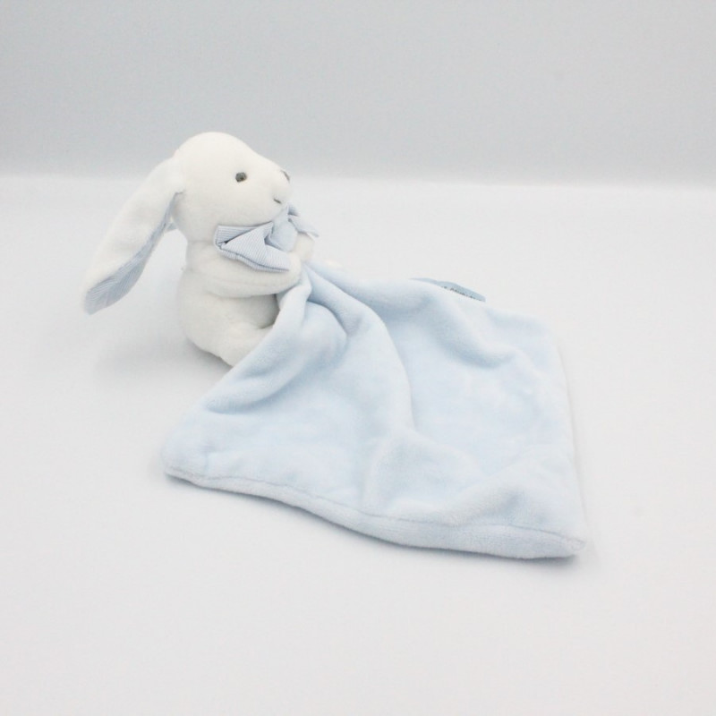 Doudou et compagnie lapin blanc bleu noeud mouchoir