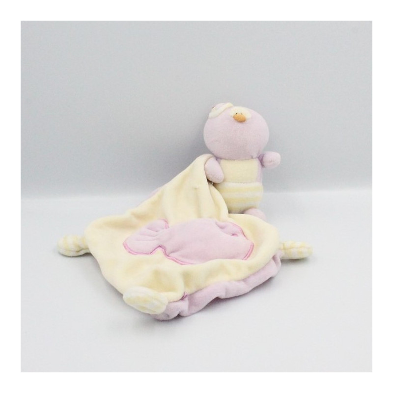 Doudou pingouin manchot mauve rose jaune mouchoir JEMINI