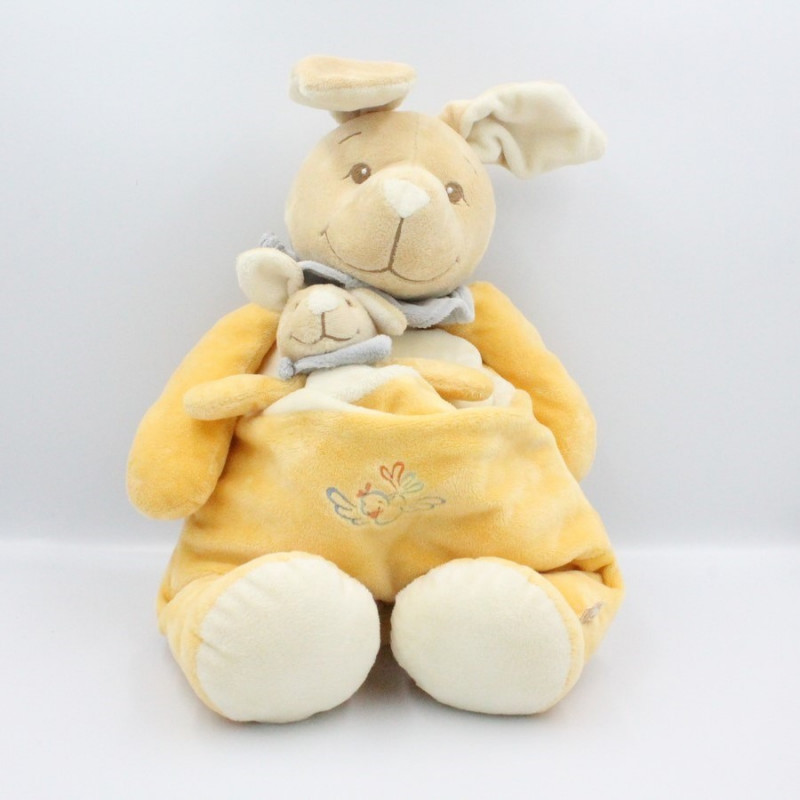 Grand Doudou Kangourou jaune blanc bleu avec bébé NOUKIE'S