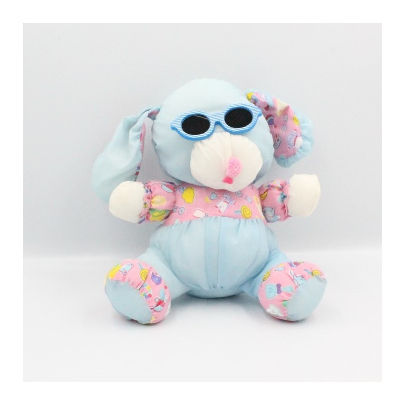 Peluche Puffalump chien bleu rose imprimé avec lunettes
