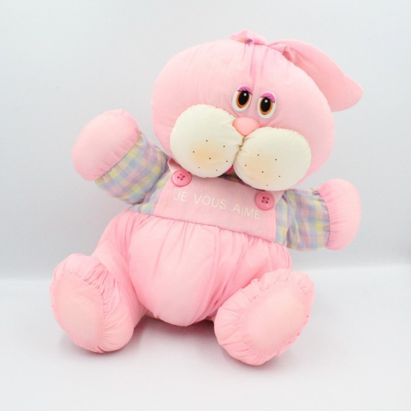 Peluche Puffalump lapin rose mauve jaune carreaux Je vous aime