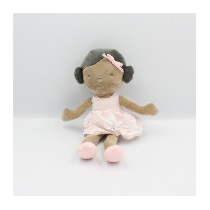 Doudou poupée fille métis robe rose OBAIBI