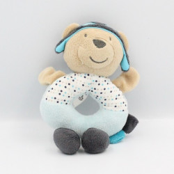 Doudou hochet ours beige bleu noir pois aviateur Oscar SAUTHON