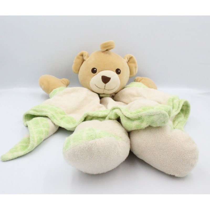 Doudou Ours beige vert écru carreaux couverture Nounours