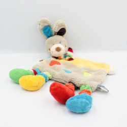 Doudou plat lapin gris beige jaune pattes multicolores MOTS D'ENFANTS