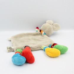 Doudou plat lapin gris beige jaune pattes multicolores MOTS D'ENFANTS