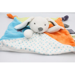 Doudou plat lapin bleu orange vert étoiles OBAIBI
