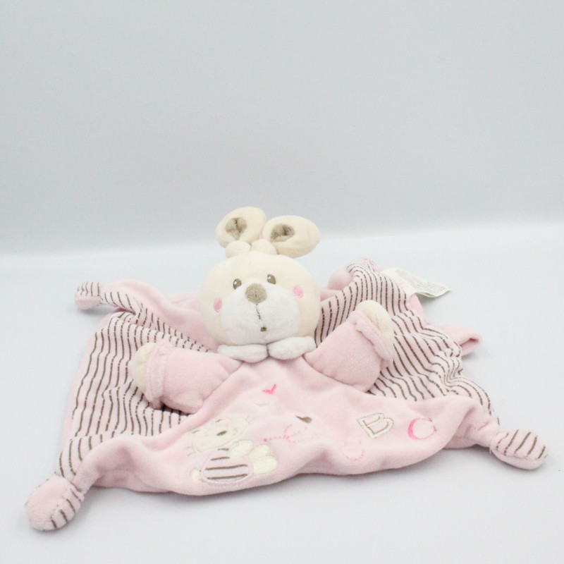 Doudou plat lapin rose rayé attache tétine ABC NICOTOY