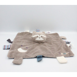 Doudou plat chat raton laveur marron bleu rose OBAIBI