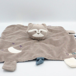 Doudou plat chat raton laveur marron bleu rose OBAIBI