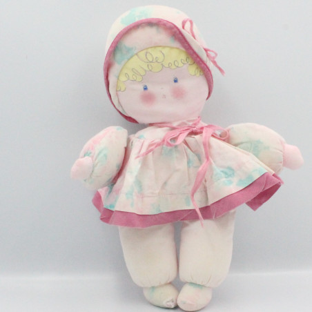 Ancienne poupée chiffon rose blanc bleu fleurs COROLLE