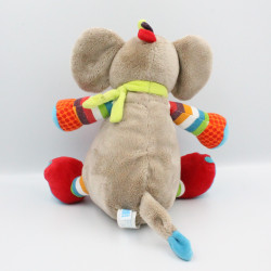 Doudou éléphant gris beige rouge bleu vert orange rayé TEX