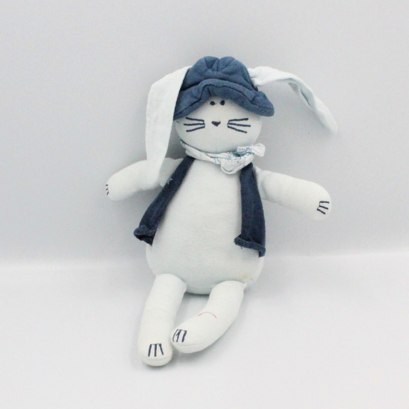 Doudou lapin bleu chapeau gilet PETIT BATEAU