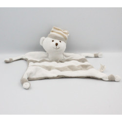 Doudou plat ours blanc gris rayé IDEAL PROMOTION